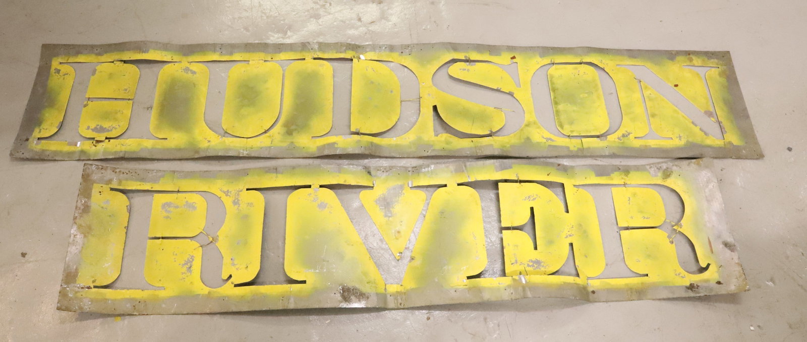 "HUDSON RIVER" METAL STENCIL: HEAVY TIN CUT-OUTS. RAILROAD RELATED. LARGEST IS 13" X 72". PLEASE READ CAREFULLY - Terms for Purchasing and Shipping of Auction Items. Please read carefully before bidding. Hartzell?s Auction Gallery