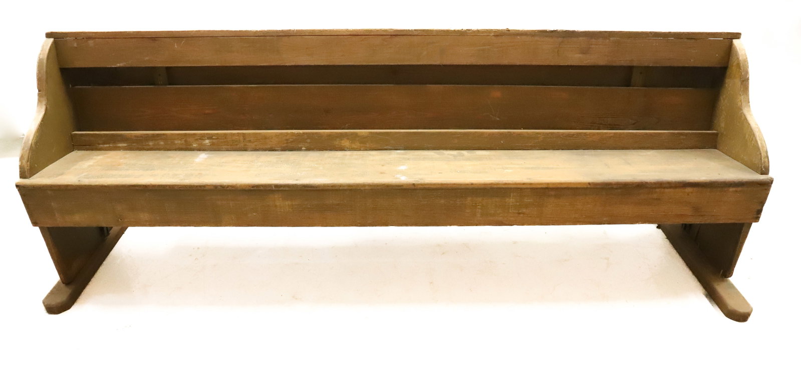 PAINTED WOODEN BENCH: CHURCH OR SCHOOL RELATED BENCH WITH LIFT-UP SURFACE ON BACK. 31 1/2" X 90" X 16". PLEASE READ CAREFULLY - Terms for Purchasing and Shipping of Auction Items. Please read carefully before bidding. Hart