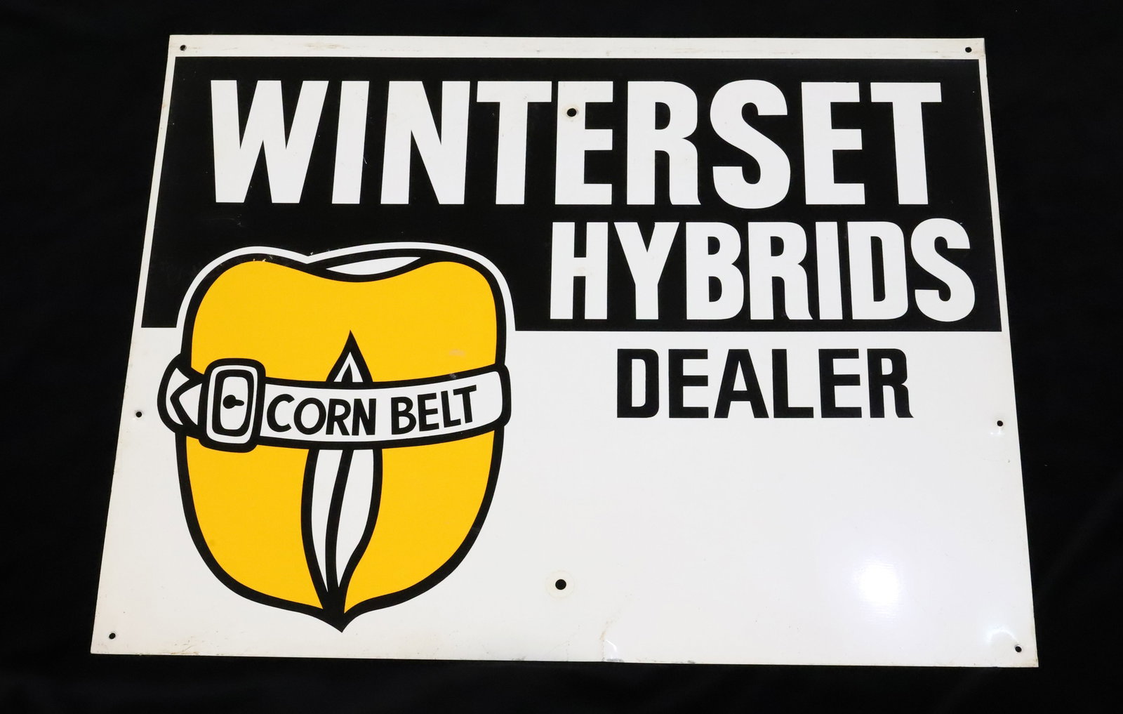 "WINTERSET HYBRIDS DEALER" ADVERTISING SIGN: "CORN BELT" ON SEED. PAINTED METAL. 18 1/2" X 24". PLEASE READ CAREFULLY - Terms for Purchasing and Shipping of Auction Items. Please read carefully before bidding. Hartzell?s Auction Gallery. Hartzel