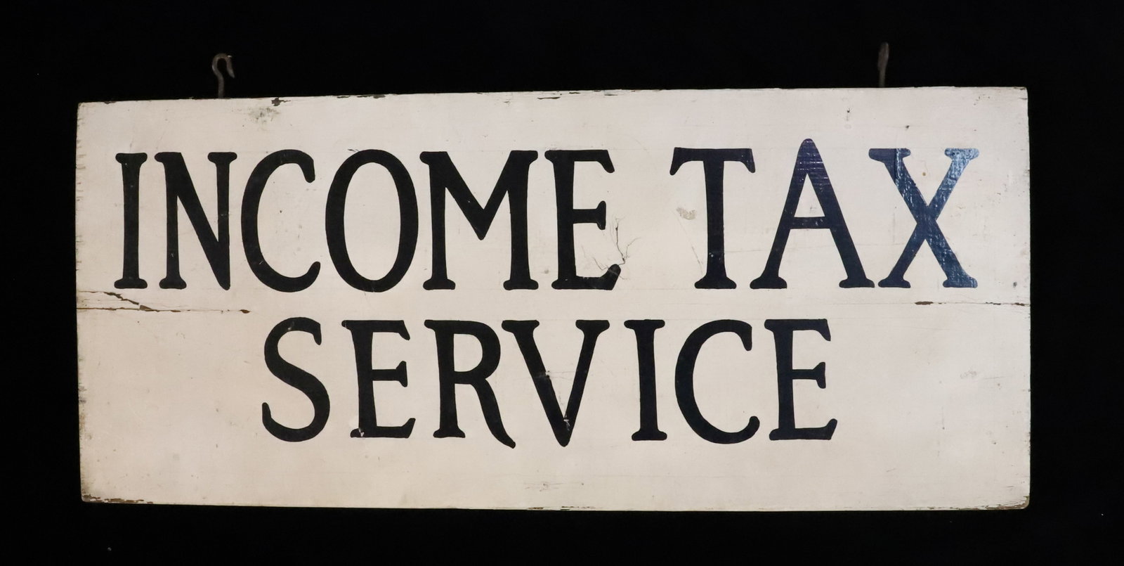 "INCOME TAX SERVICE" SIGN: DOUBLE-SIDED PAINTED WOOD. 11 1/2" X 26 1/4". PLEASE READ CAREFULLY - Terms for Purchasing and Shipping of Auction Items. Please read carefully before bidding. Hartzell?s Auction Gallery. Hartzell's A
