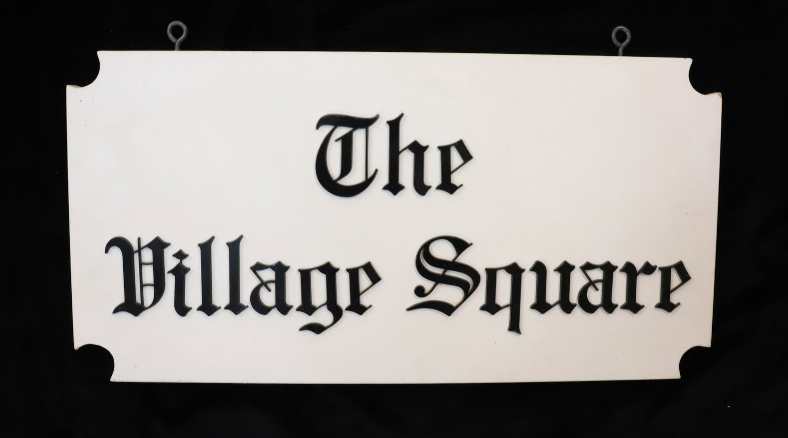 "THE VILLAGE SQUARE" ADVERTISING SIGN: APPLIED LETTERS ON PAINTED WOOD. 12 1/4" X 24 1/4". PLEASE READ CAREFULLY - Terms for Purchasing and Shipping of Auction Items. Please read carefully before bidding. Hartzell?s Auction Gallery. Hartze