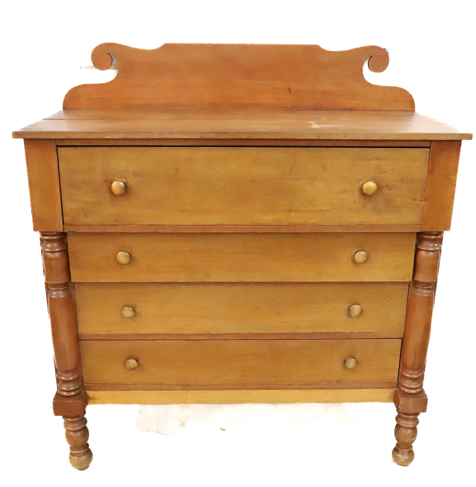 19TH C. EMPIRE CHEST OF DRAWERS: FOUR DOVETAILED DRAWERS. TURNED LEGS. 50 1/4" X 45 1/2" X 20 3/4". PLEASE READ CAREFULLY - Terms for Purchasing and Shipping of Auction Items. Please read carefully before bidding. Hartzell?s Auction 