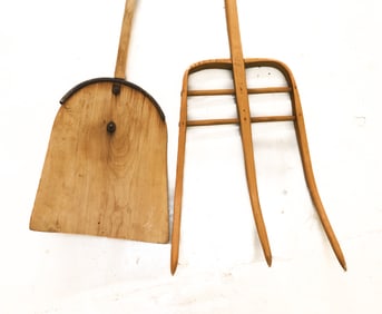 WOODEN HAY FORK AND SHOVEL