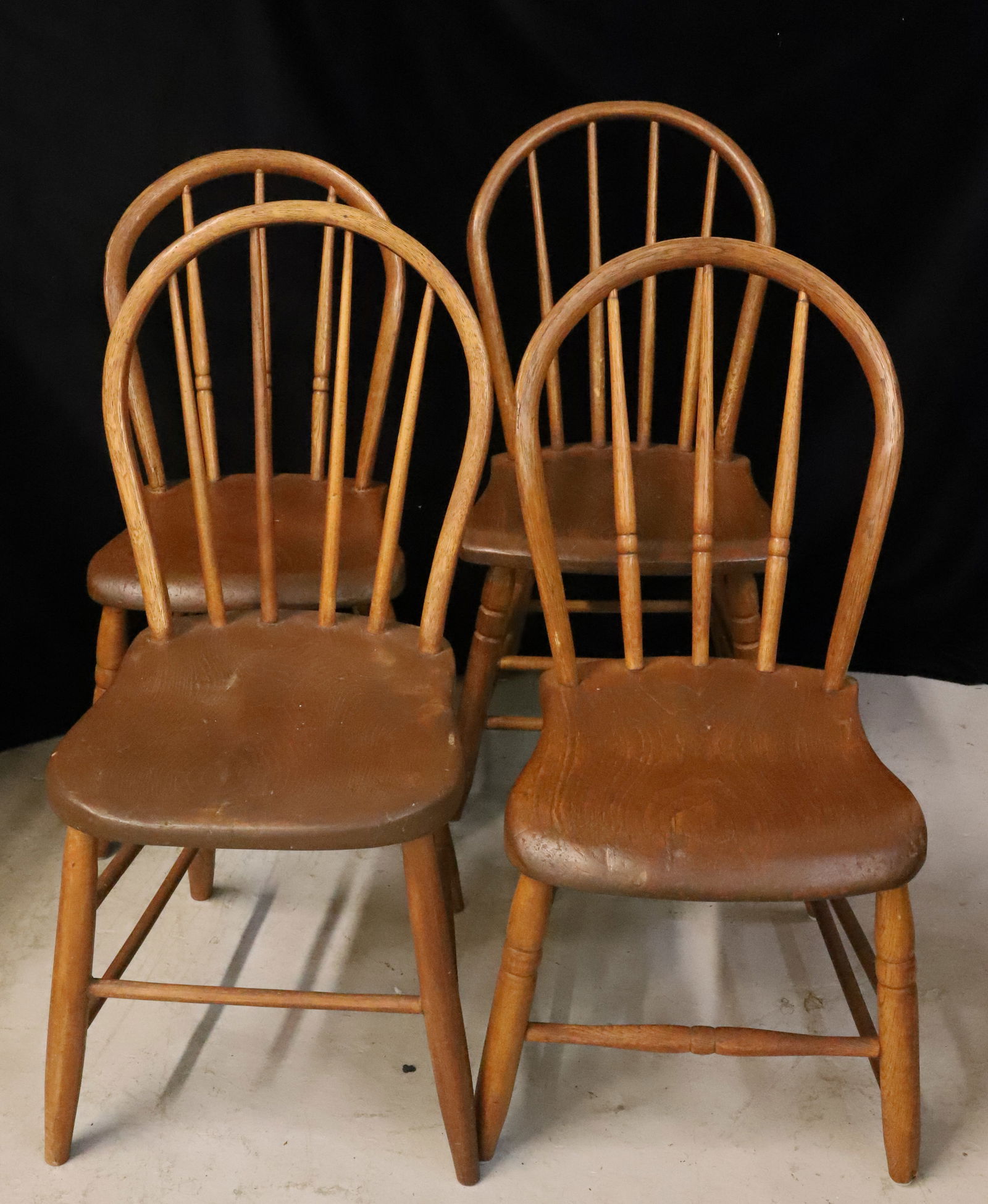 SET OF (4) BOWBACK CHAIRS: ASSEMBLED SET OF COUNTRY CHAIRS. TWO MATCH, OTHERS QUITE SIMILAR. PLEASE READ CAREFULLY - Terms for Purchasing and Shipping of Auction Items. Please read carefully before bidding. Hartzell?s Auction G