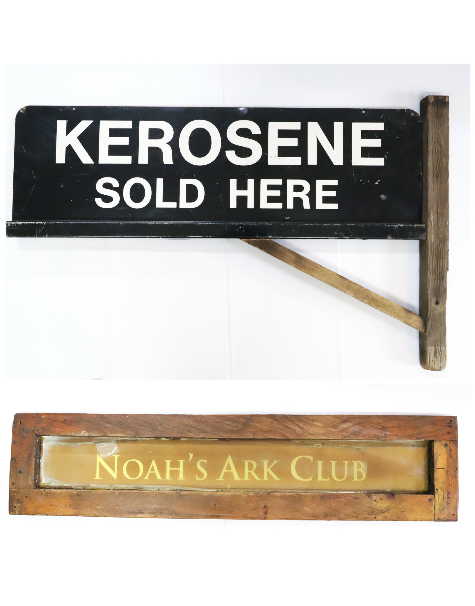 (2) ADVERTISING SIGNS: INCLUDING: DOUBLE-SIDED "KEROSENE SOLD HERE" PAINTED METAL ON WOODEN SUPPORT 29 3/4" L. AND "NOAH'S ARK CLUB" VINYL IN WOODEN FRAMEWORK 9 1/2" X 42". PLEASE READ CAREFULLY - Terms for Purchasing and S