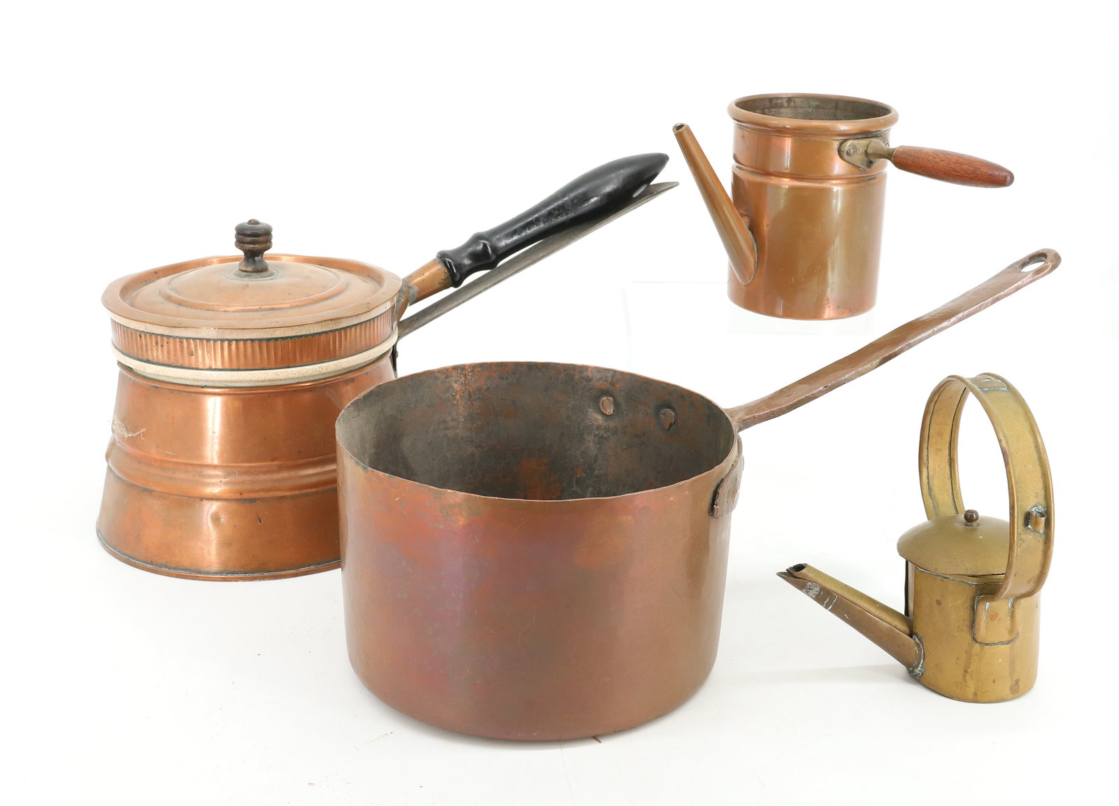 LOT OF COPPER AND BRASS POTS: INCLUDING: COPPER/STONEWARE DOUBLE BOILER, COPPER POT W/COPPER HANDLE 7 1/4" D (14 1/2" TOTAL SIZE) AND BRASS PIECE WITH INSERT AND LID (POSSIBLY EARLY LIGHT). PLEASE READ CAREFULLY - Terms for Purcha