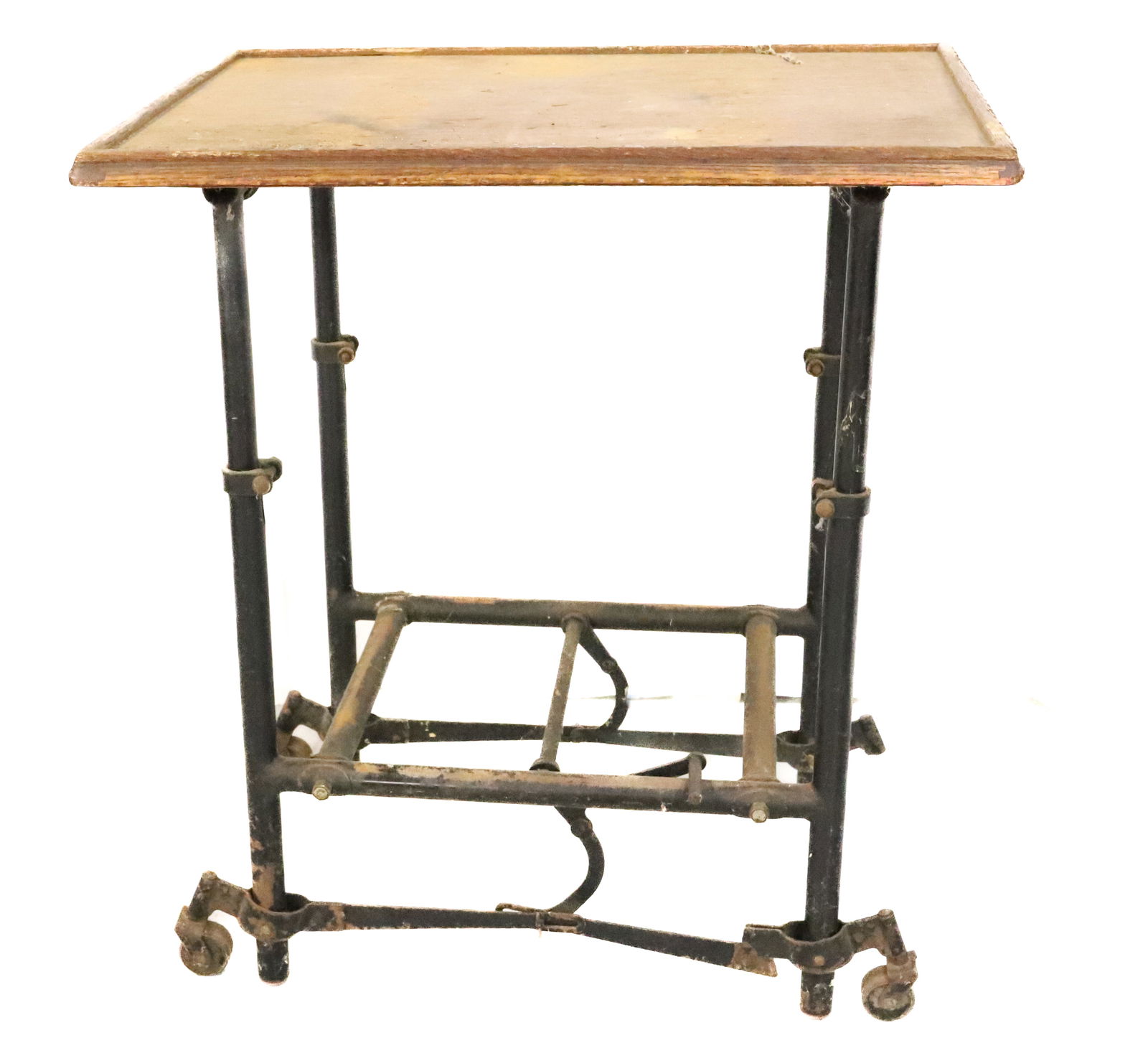 VINTAGE TYPEWRITER / OFFICE TABLE: WOODEN TOP ON BLACK PAINTED METAL BASE. MECHANISM AT BOTTOM TO RAISE/LOWER CASTERS. (ONE SIDE IS DETACHED). 27" X 23 1/2" X 17 1/2". PLEASE READ CAREFULLY - Terms for Purchasing and Shipping of Auctio