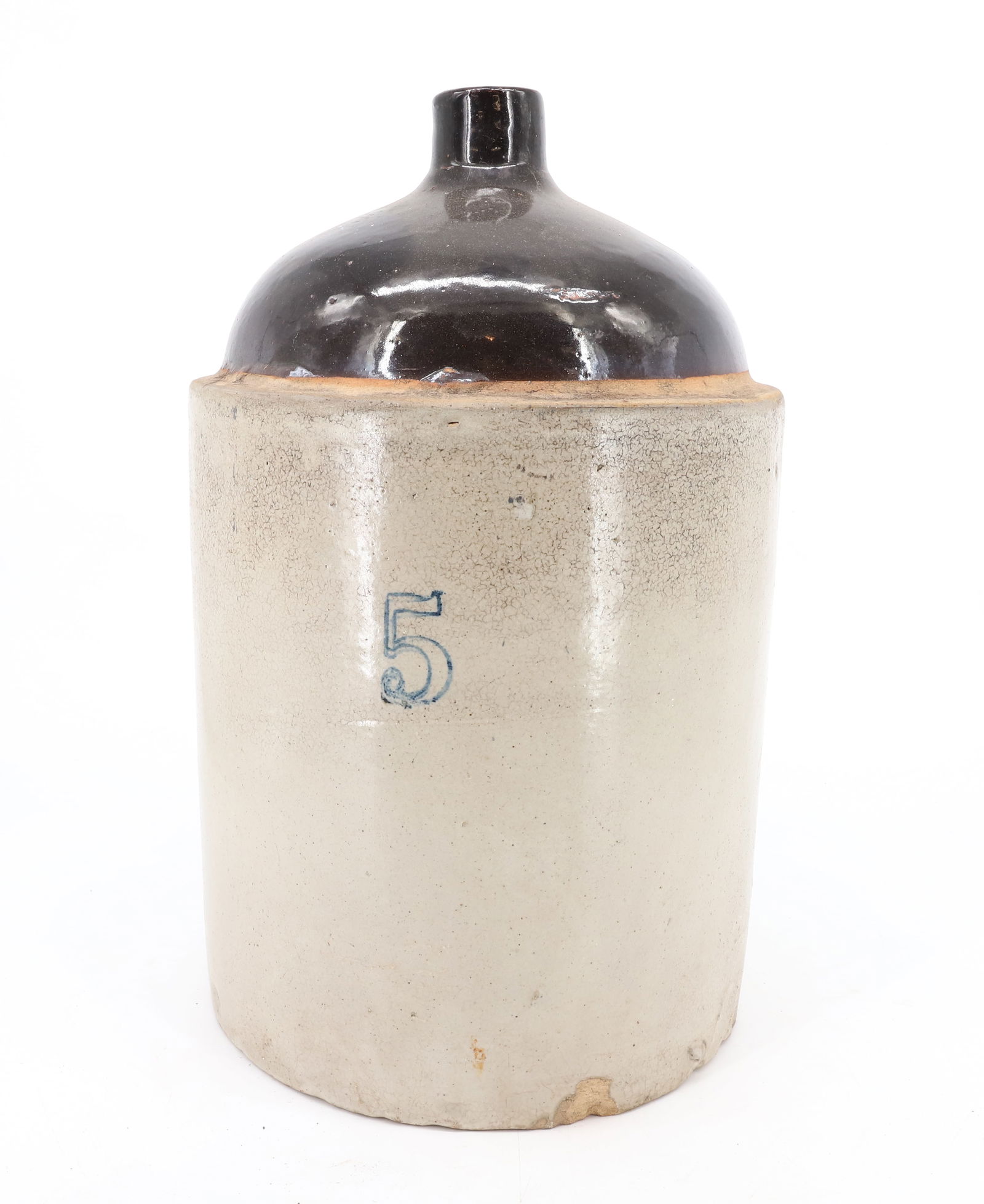 FIVE-GALLON STONEWARE JUG: BROWN / WHITE GLAZE. 18 1/2" H. HEAVY WEIGHT. PLEASE READ CAREFULLY - Terms for Purchasing and Shipping of Auction Items. Please read carefully before bidding. Hartzell?s Auction Gallery. Hartzell's A