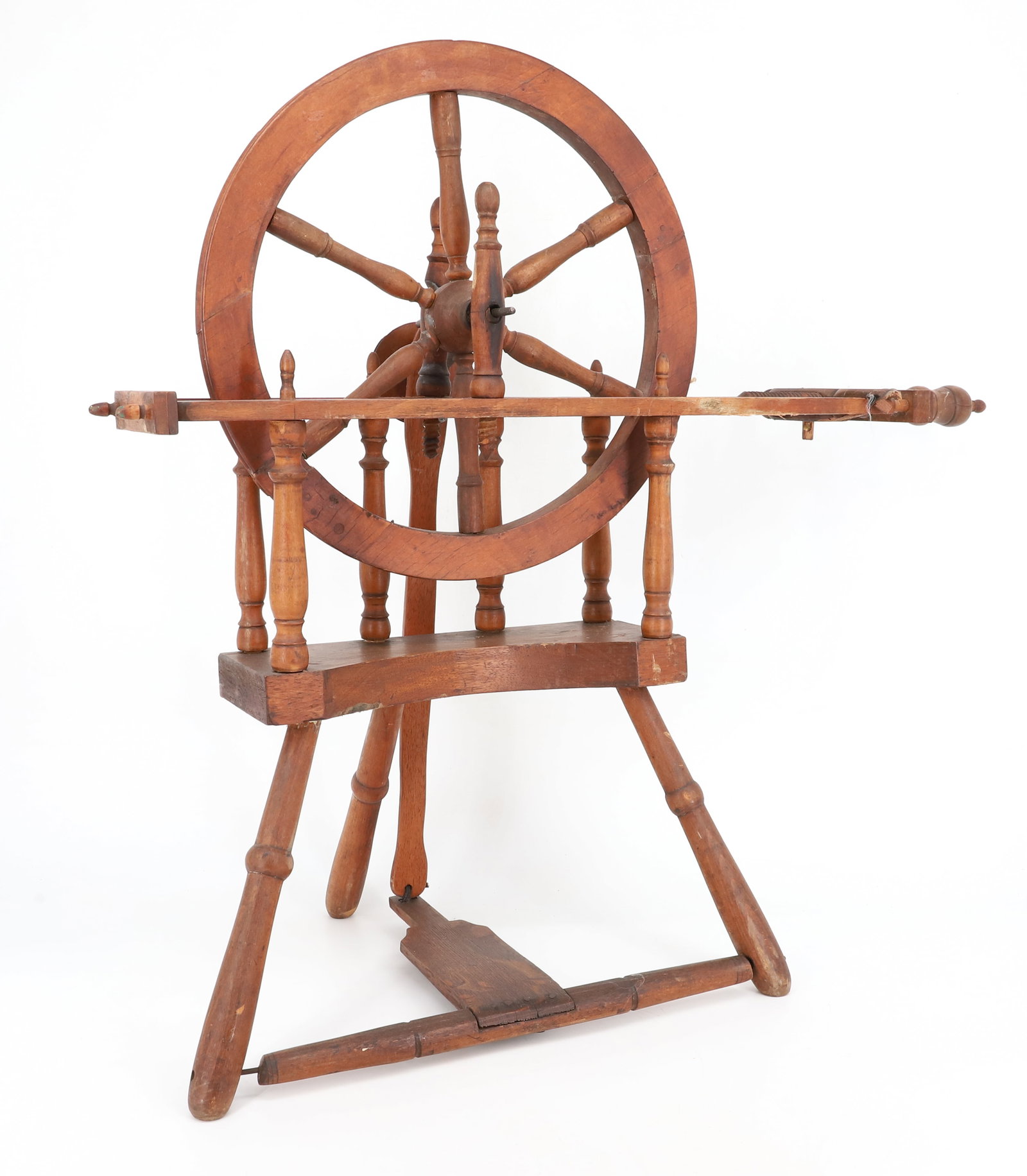 UNUSUAL WOODEN SPINNING WHEEL: WOODEN PEDAL. WHEEL 14" D. TOTAL LENGTH 28" L. X 25" H. PLEASE READ CAREFULLY - Terms for Purchasing and Shipping of Auction Items. Please read carefully before bidding. Hartzell?s Auction Gallery. Ha