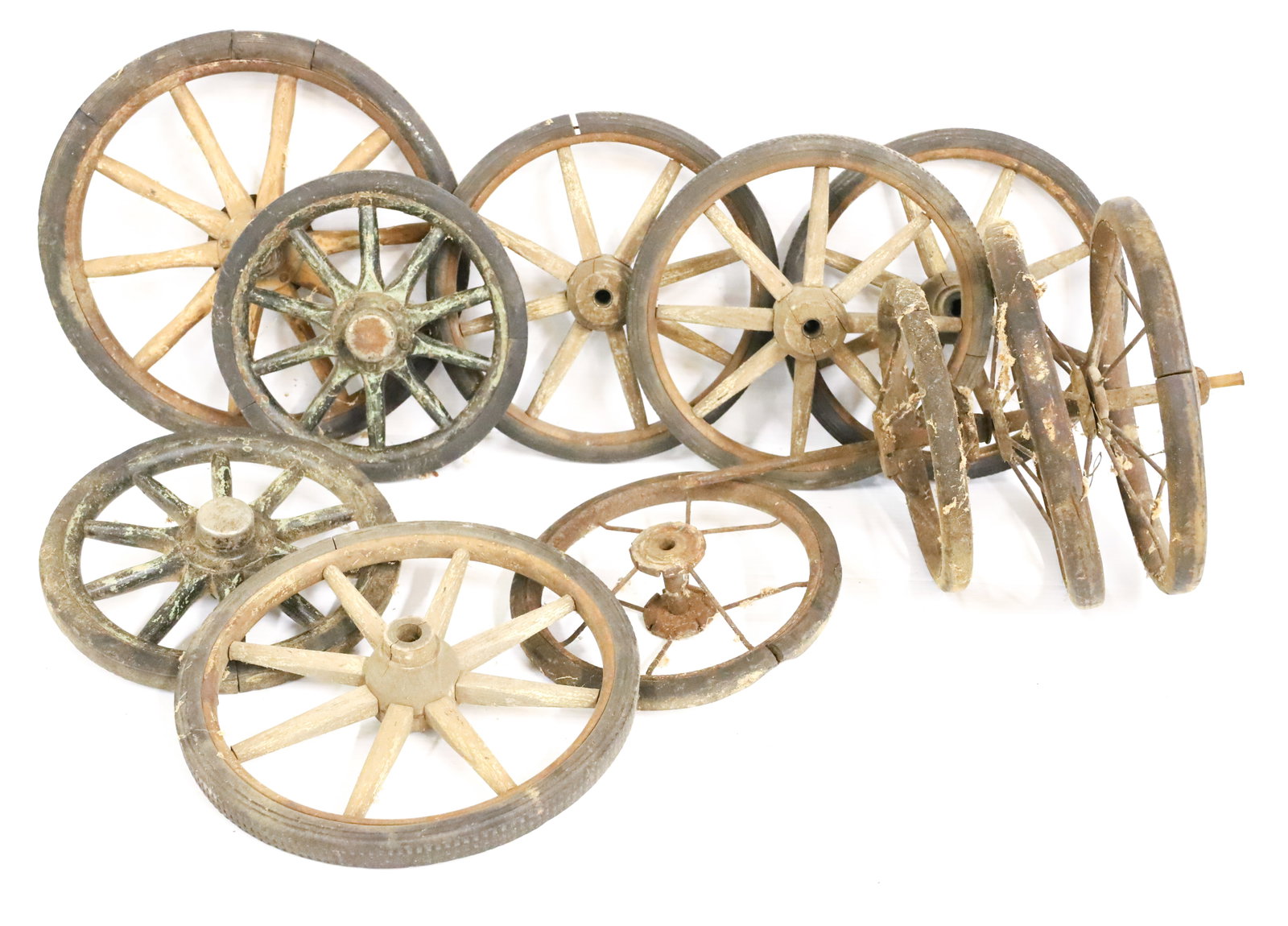 LOT OF ANTIQUE TOY WAGON / CARRIAGE WHEELS: SET OF 4 (10" D.), PAIR WITH SILVER CAPS 8 3/4" D., ONE 12" D. AND SET OF 4 (8" AND 10" DIAMETERS). PLEASE READ CAREFULLY - Terms for Purchasing and Shipping of Auction Items. Please read carefully be