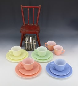 CHILDREN'S DISH SET AND DOLL CHAIR