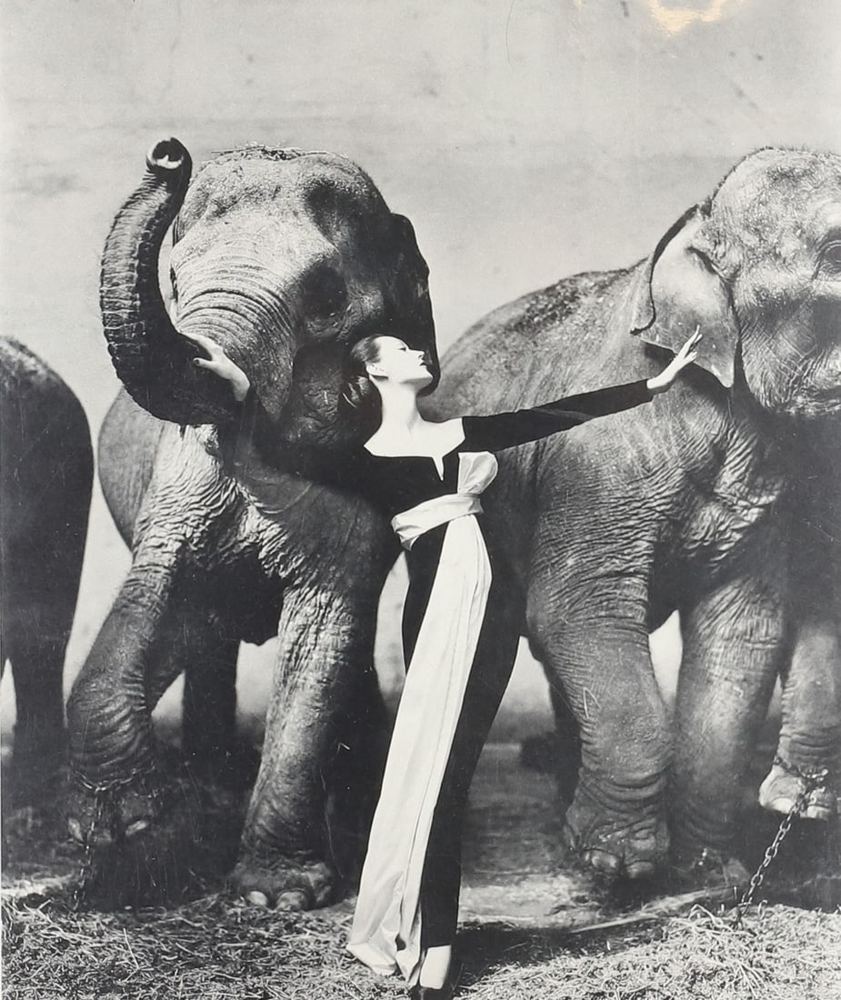 RICHARD AVEDON PHOTOGRAPH: "DOVIMA AND THE ELEPHANTS, EVENING DRESS BY DIRO, CIRQUE D'HIVER, 1955" WITH COA. PRINTED IN 1999. 7 1/2" X 6". PLEASE READ CAREFULLY - Terms for Purchasing and Shipping of Auction Items. Please read
