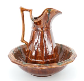 FLINT ENAMEL PITCHER / BOWL, ROCKINGHAM GLAZE