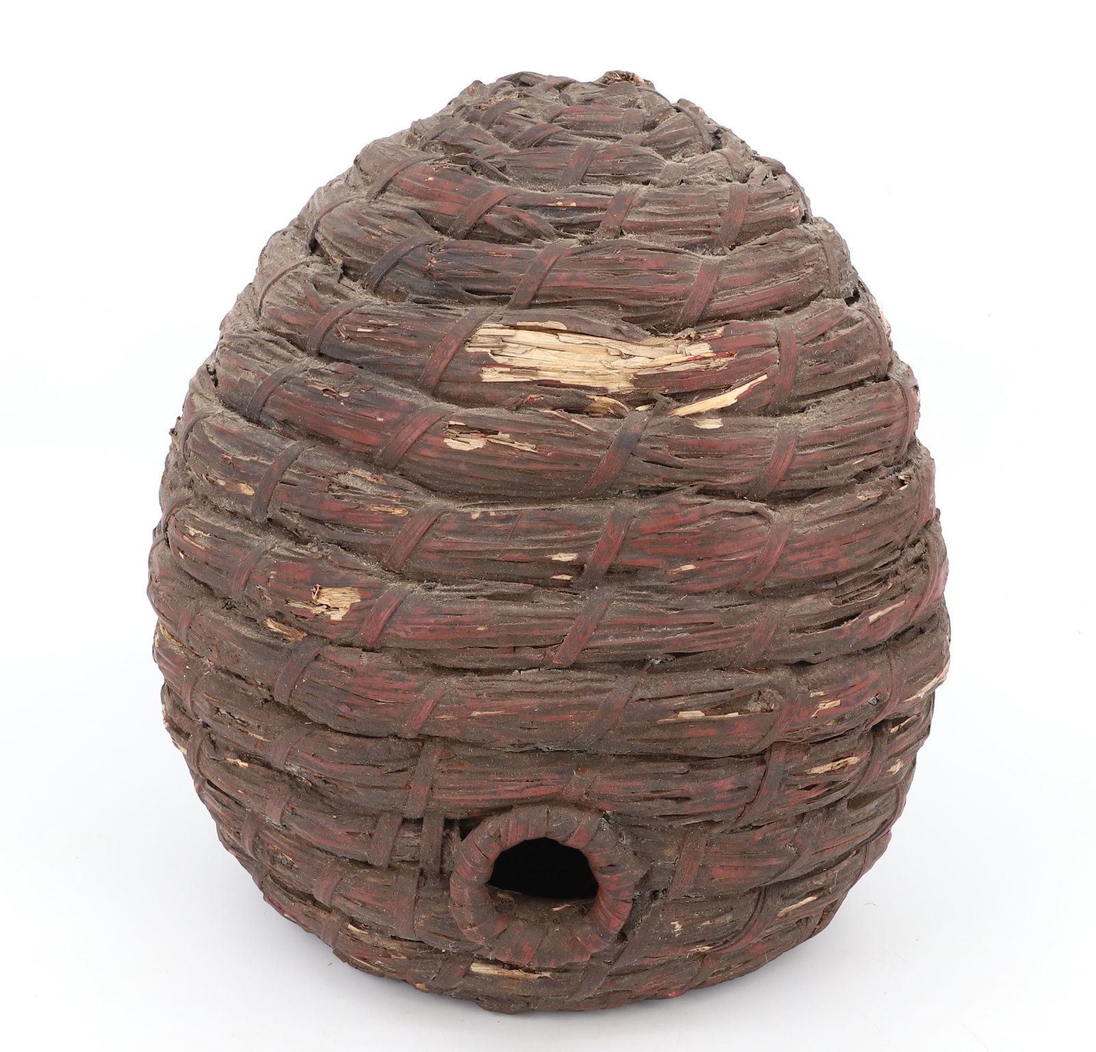 PAINTED RYE BEE SKEP: BLACK / RED PAINTED SURFACE. ROUND FRONT OPENING. SOLID COILED BASE. 13" H. PLEASE READ CAREFULLY - Terms for Purchasing and Shipping of Auction Items. Please read carefully before bidding. Hartzell&#