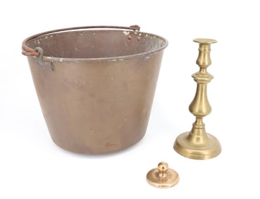 BRASS PAIL, CANDLESTICK AND WEIGHT