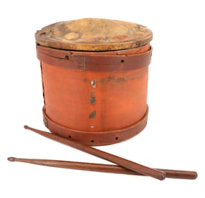 PAIR OF ANTIQUE DRUMSTICKS AND DRUM