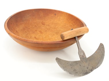 WOODEN FARM BOWL AND CHOPPER