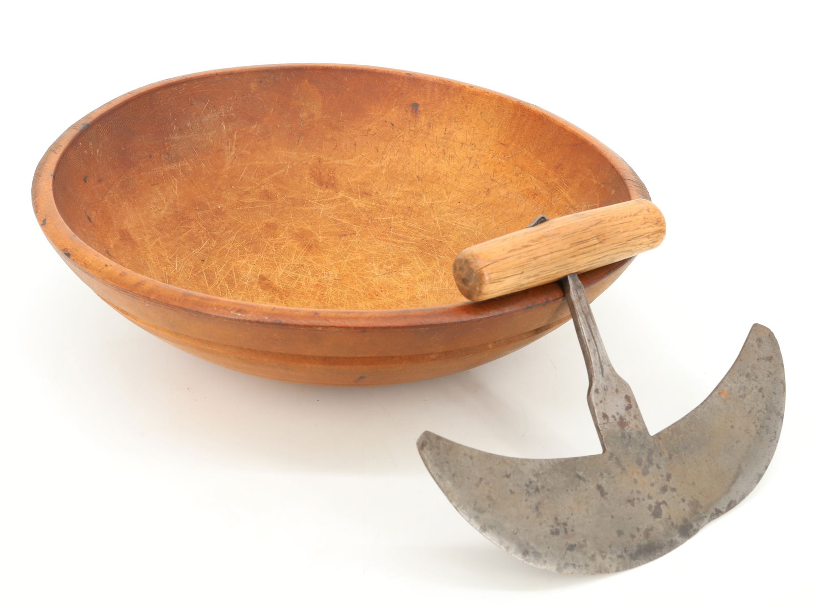 WOODEN FARM BOWL AND CHOPPER: FOOTED WOODEN BOWL 14 3/4" X 13 3/4". WITH IRON / WOOD CHOPPER 9 1/4". PLEASE READ CAREFULLY - Terms for Purchasing and Shipping of Auction Items. Please read carefully before bidding. Hartzell’