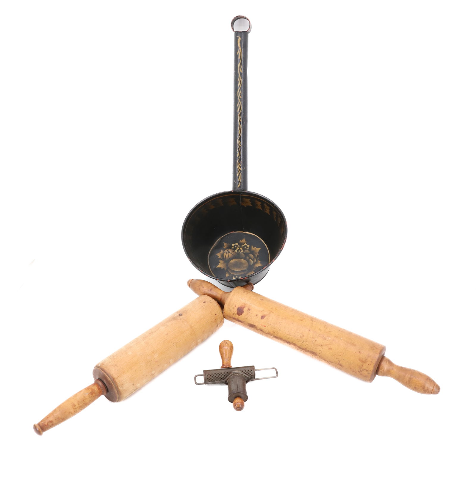 LOT OF COUNTRY KITCHEN ITEMS: INCLUDING: TWO WOODEN MAPLE ROLLING PINS 18 1/2" L., TIN NUTMEG GRATER AND FOLK PAINTED WOODEN DIPPER. (SGND. MONROE, 1957) PLEASE READ CAREFULLY - Terms for Purchasing and Shipping of Auction Items.
