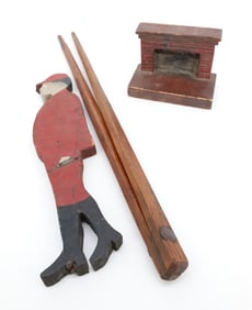 WOODEN SCRIBE AND FOLK ART FIGURE & FIREPLACE