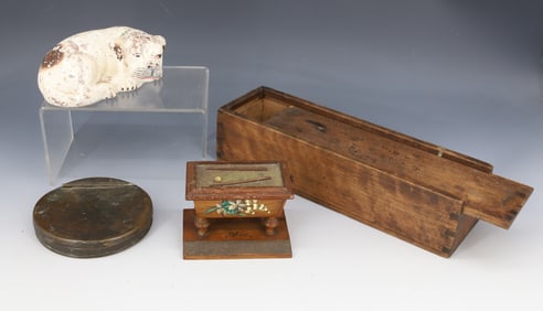 POTTERY DOG, SLIDE LID BOX, MATCH HOLDER