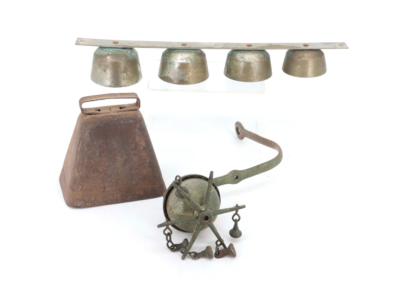 LOT OF FARM BELLS: INCLUDING: NICKEL/BRASS BELLS 13 3/4" L., PARTIAL HORSE SHAFT BELL. IRON COW BELL 4 5/8" PLEASE READ CAREFULLY - Terms for Purchasing and Shipping of Auction Items. Please read carefully before biddin