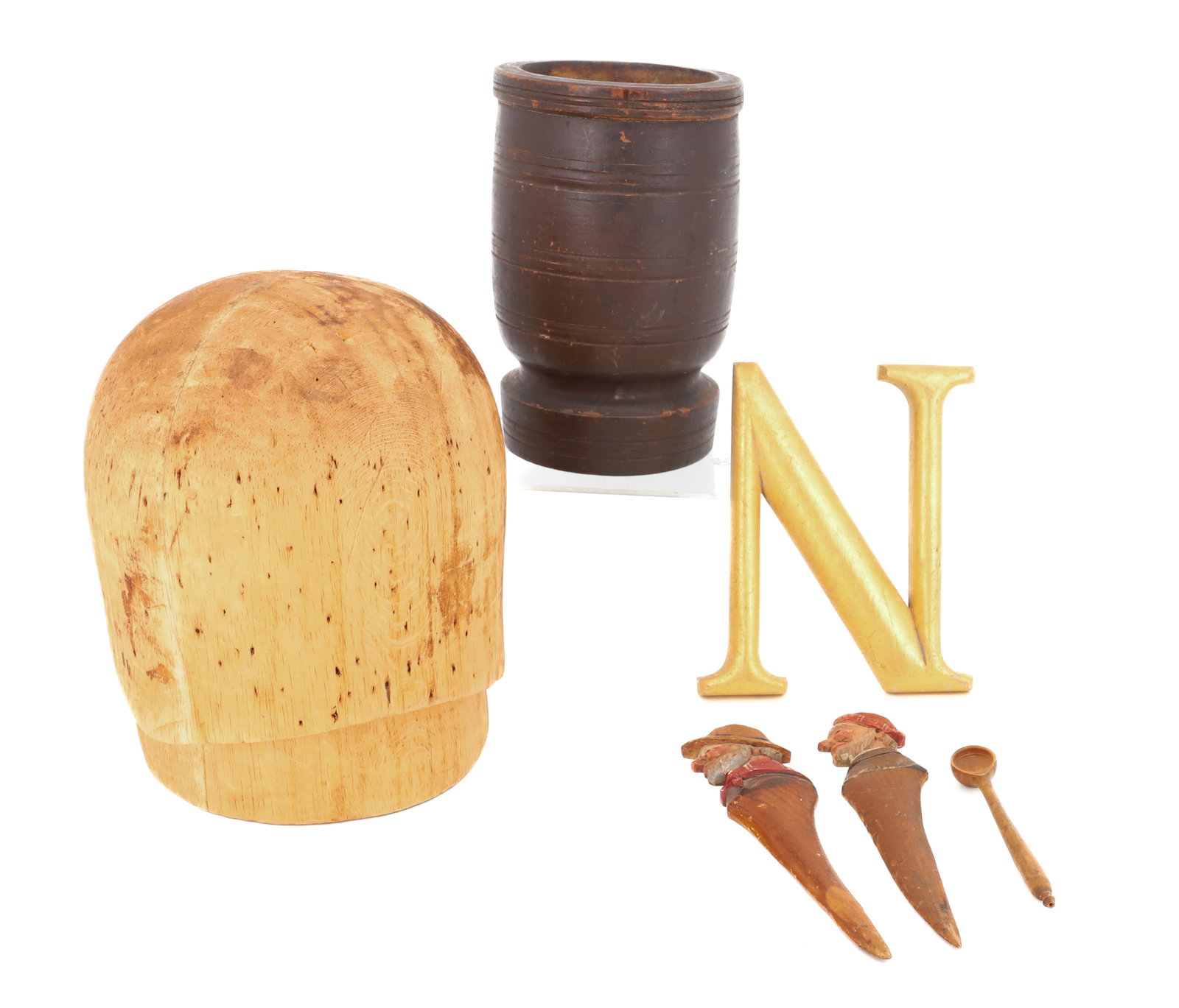 LOT OF WOODENWARE: INCLUDING: HAT MOLD, MORTAR 7 1/4" X 4 3/4", WOODEN "N", CARVED/PAINTED LETTER OPENERS AND MORE. PLEASE READ CAREFULLY - Terms for Purchasing and Shipping of Auction Items. Please read carefully befor