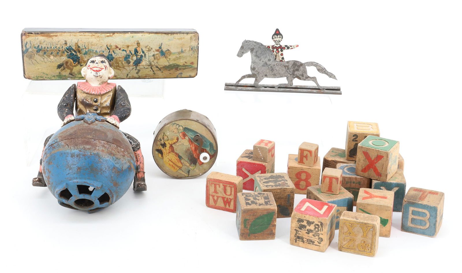 WOODEN BLOCKS, PENCIL BOX, BANK AND MORE: VINTAGE WOODEN BLOCKS, HINGED LID PENCIL BOX (MILITARY ON HORSEBACK) 7 3/4" L., CAST IRON CLOWN BANK (AS-FOUND), METAL/PAPER LITHO MUSIC BOX (AS-FOUND) AND MORE. PLEASE READ CAREFULLY - Terms for Purc