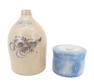 STONEWARE JUG AND LIDDED CROCK