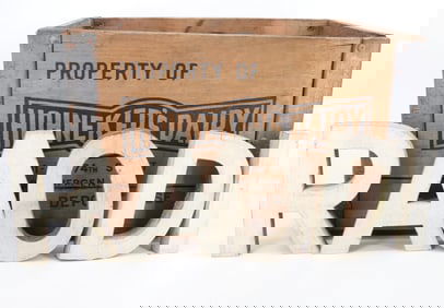 WOODEN MILK CRATE AND LETTERS