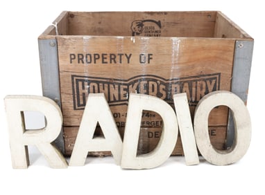 WOODEN MILK CRATE AND LETTERS