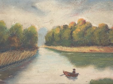 OIL ON ARTIST'S BOARD, BOAT ON POND