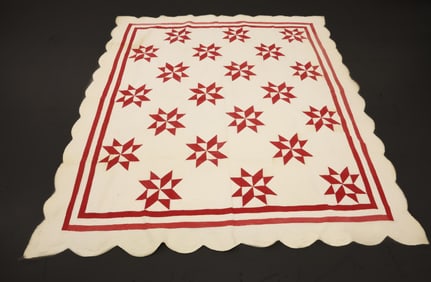 HAND STITCHED RED / WHITE STAR QUILT