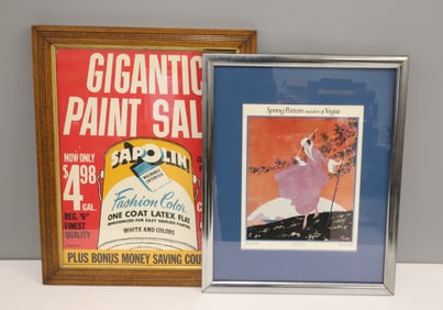 FRAMED PAINT ADVERTISEMENT AND VOGUE PRINT