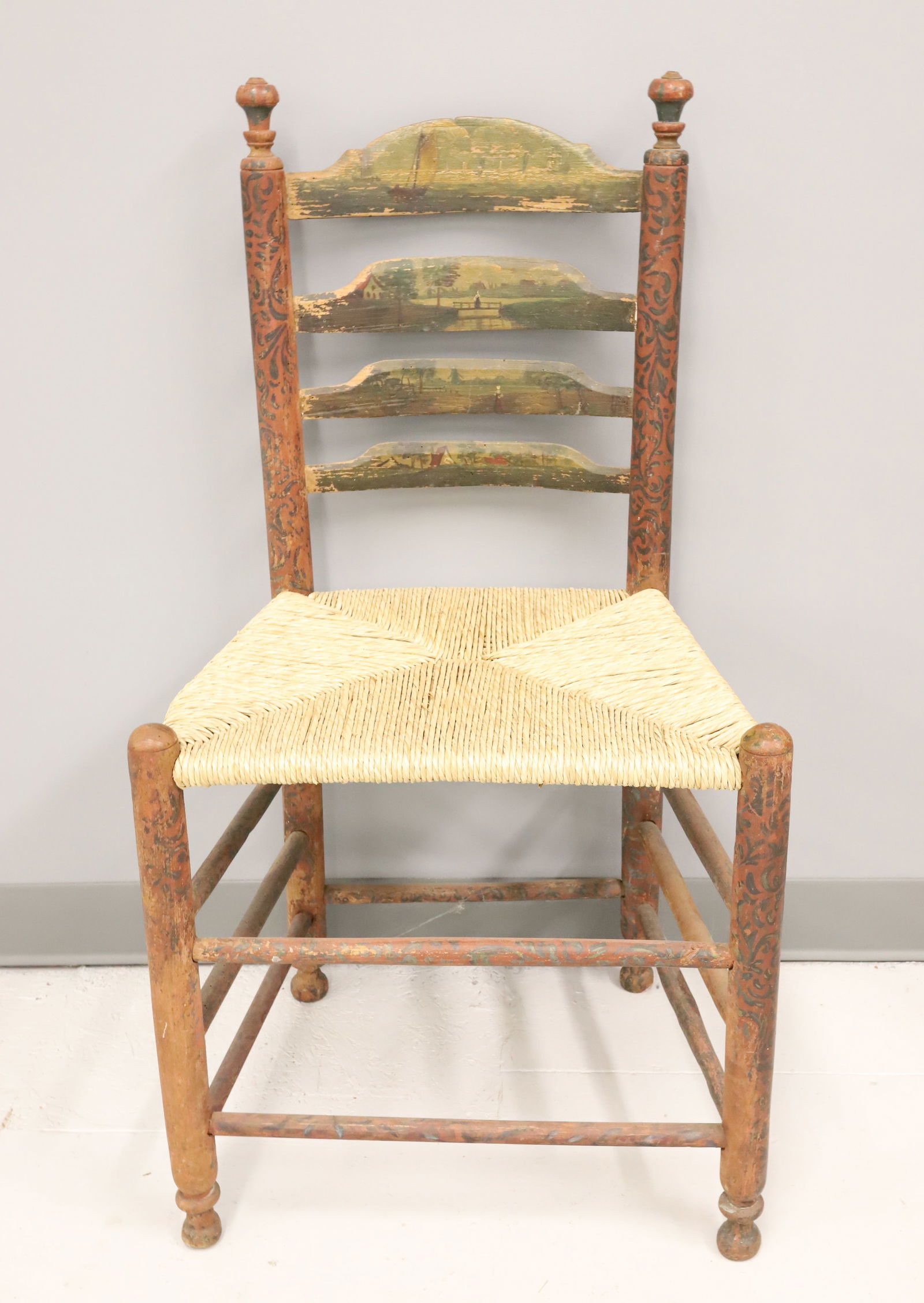 19TH C. ELABORATELY DECORATED LADDER BACK CHAIR: FOUR DIFFERENT SCENES PAINTED ON HORIZONTAL SLATS AS WELL AS DECORATION TO LEGS. 37" X 19 1/2" X 14 3/4". PLEASE READ CAREFULLY - Terms for Purchasing and Shipping of Auction Items. Please read carefu
