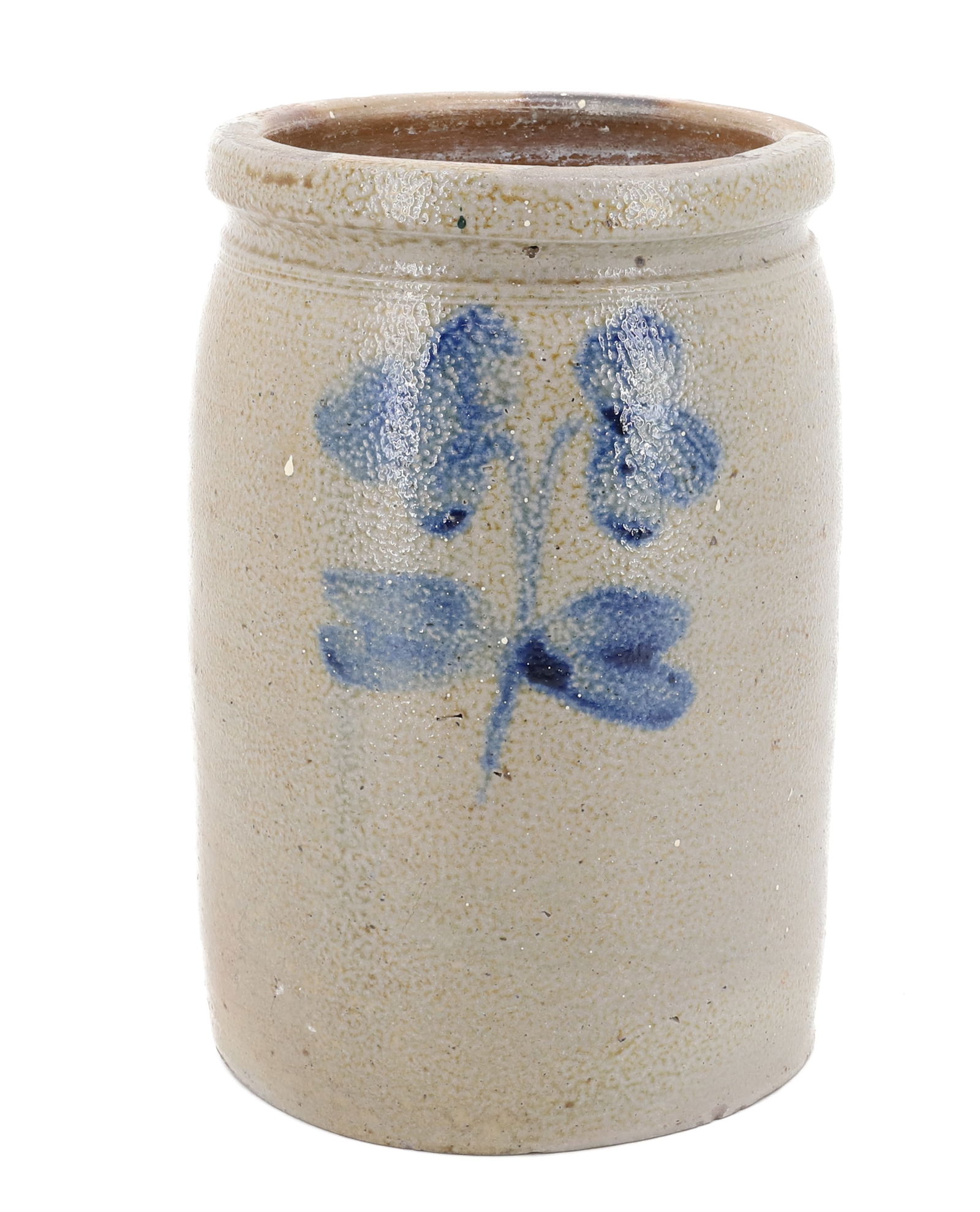 BLUE DECORATED STONEWARE JAR: BLUE FLORAL DECORATION ON EITHER SIDE. 10" X 6 1/2". PLEASE READ CAREFULLY - Terms for Purchasing and Shipping of Auction Items. Please read carefully before bidding. Hartzell’s Auction Gallery.