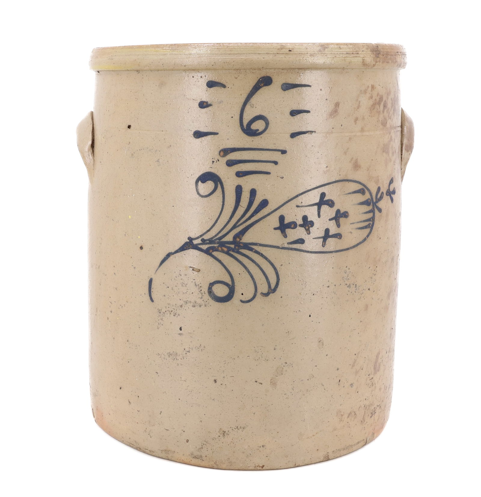 SIX-GALLON BLUE DECORATED CROCK: BLUE DECORATED FLORAL ON FRONT WITH "6". 14" X 11 1/2". POSSIBLY, RED WING / MIDWESTERN ORIGINS. PLEASE READ CAREFULLY - Terms for Purchasing and Shipping of Auction Items. Please read carefully befor