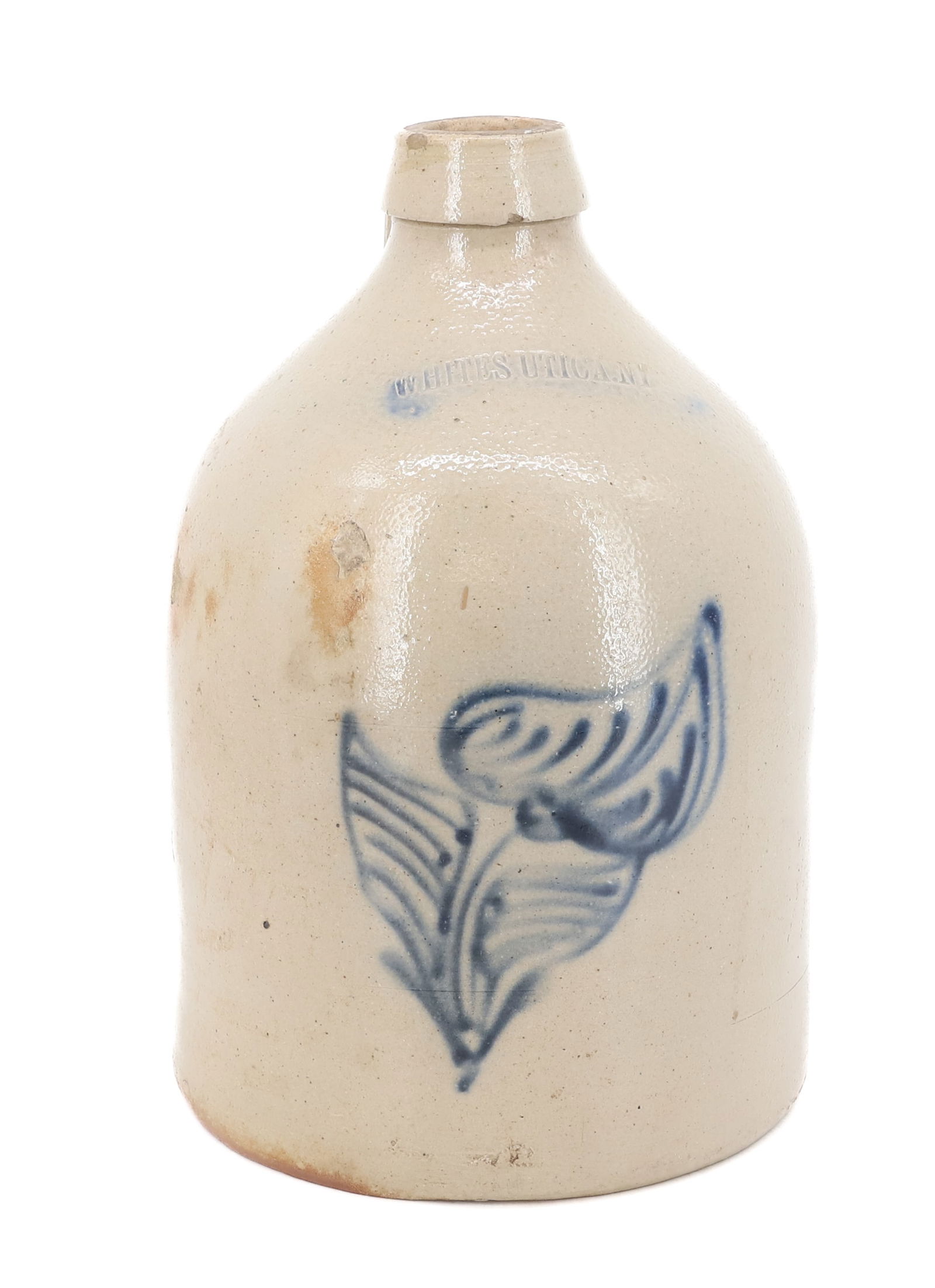 WHITES, UTICA NY BLUE DECORATED JUG: BLUE FLORAL ON FRONT WITH IMPRESSED NAME ABOVE. 11 1/4" H. PLEASE READ CAREFULLY - Terms for Purchasing and Shipping of Auction Items. Please read carefully before bidding. Hartzell’s Auction Ga