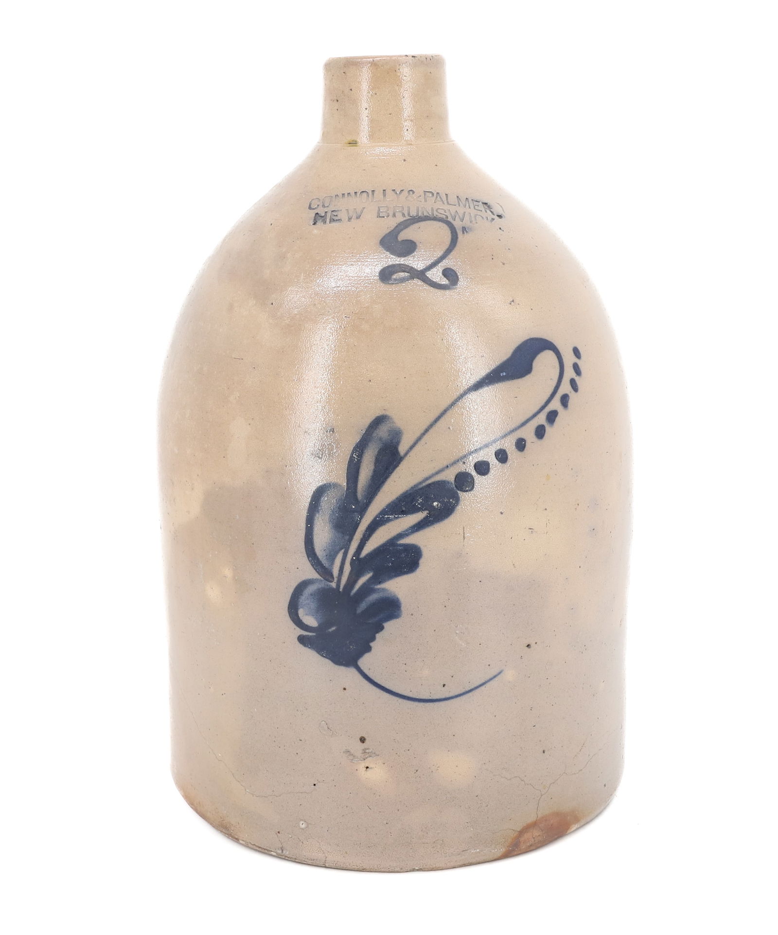 CONNOLLY & PALMER, NEW BRUNSWICK BLUE DECORATED JUG: TWO-GALLON STONEWARE JUG WITH BLUE FLORAL/LEAF DECORATION. 13 1/2" H. PLEASE READ CAREFULLY - Terms for Purchasing and Shipping of Auction Items. Please read carefully before bidding. Hartzell’s