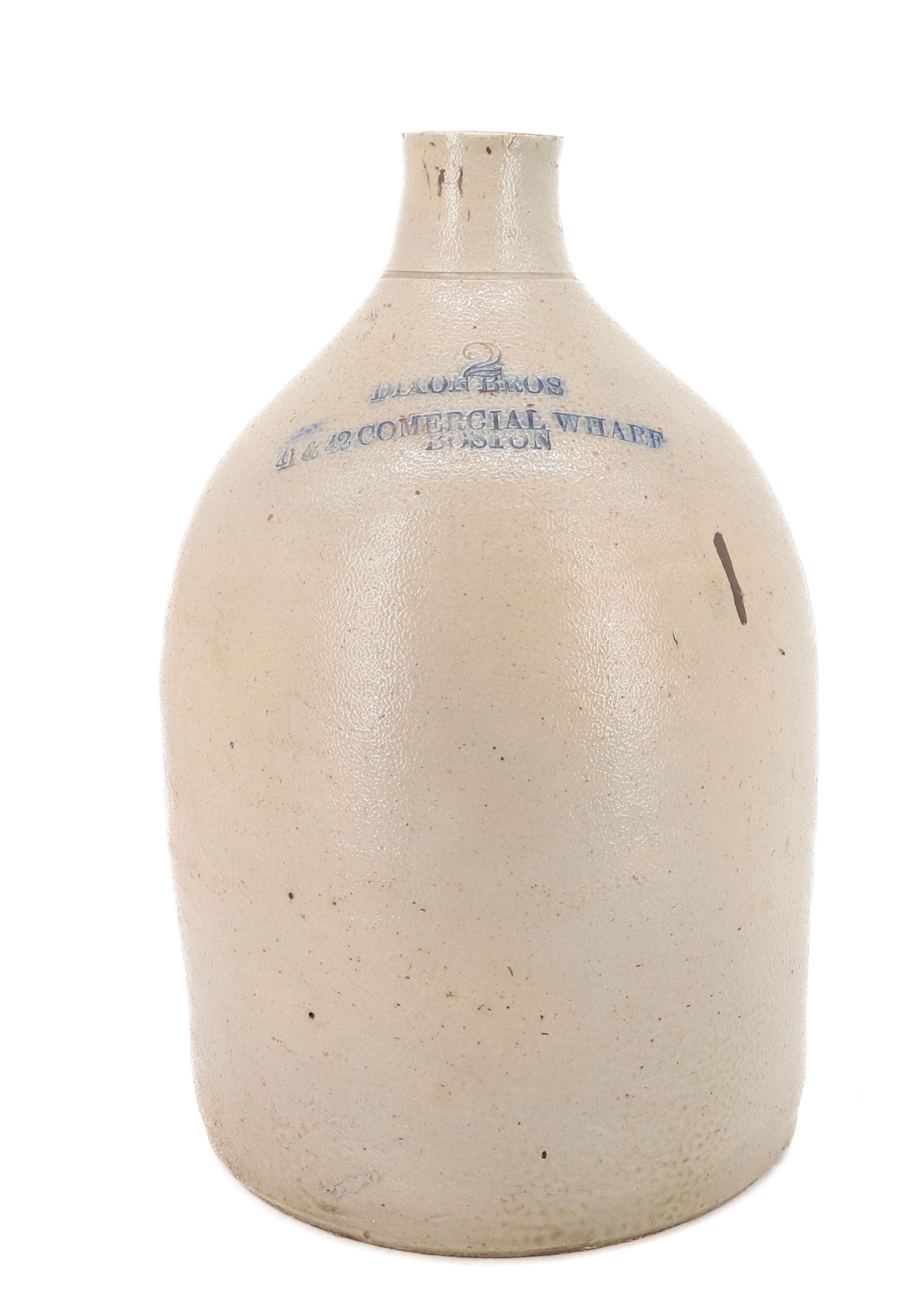 DIXON BROS., BOSTON STONEWARE JUG: TWO-GALLON ADVERTISING JUG "DIXON BROS, 41 & 42 COMMERCIAL WHARF, BOSTON" 14" H. PLEASE READ CAREFULLY - Terms for Purchasing and Shipping of Auction Items. Please read carefully before bidding. Hartz