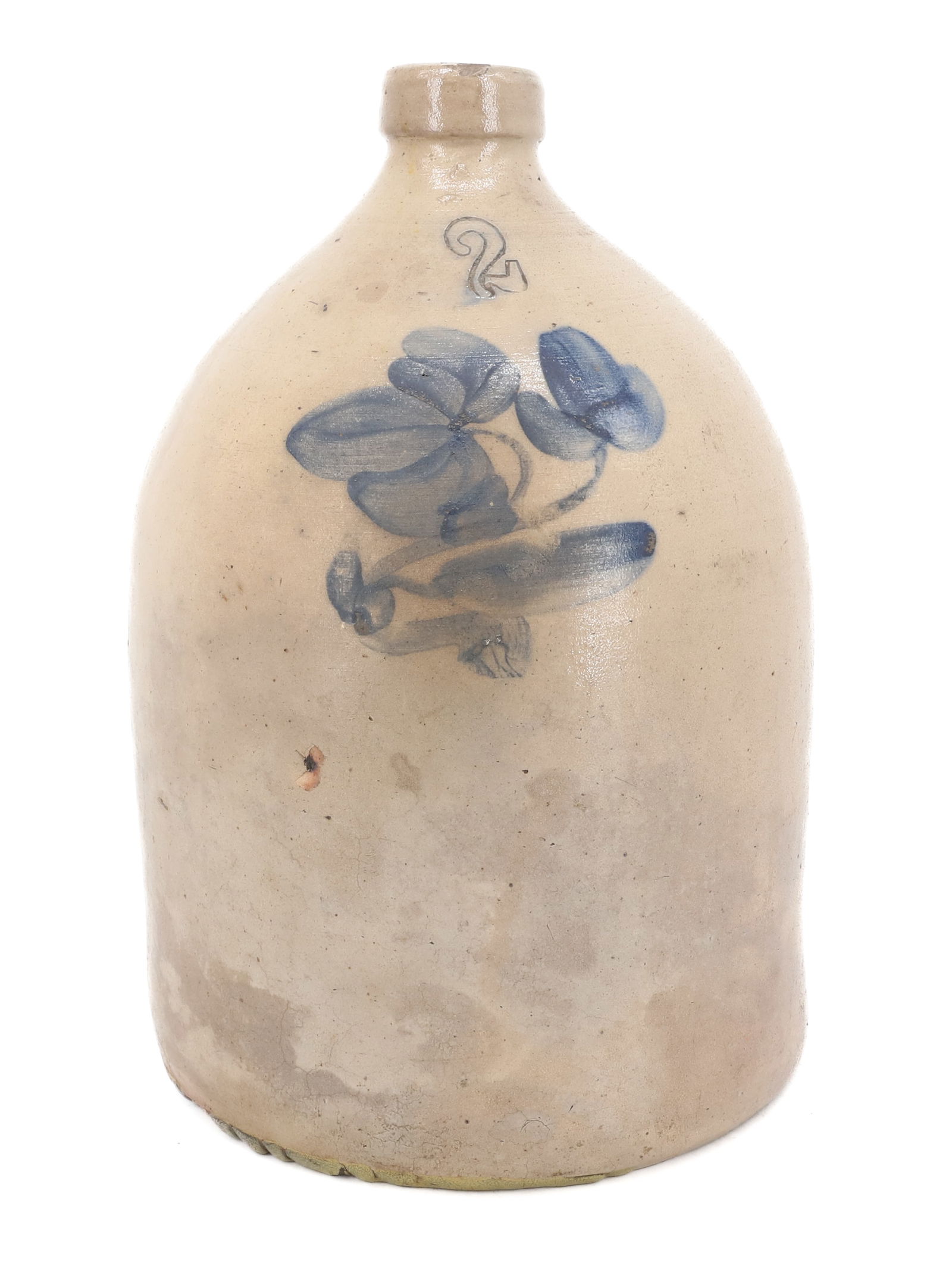 BLUE DECORATED STONEWARE JUG: TWO-GALLON WITH BLUE FLORAL DECORATION. 13 1/2" H. PLEASE READ CAREFULLY - Terms for Purchasing and Shipping of Auction Items. Please read carefully before bidding. Hartzell’s Auction Gallery. H