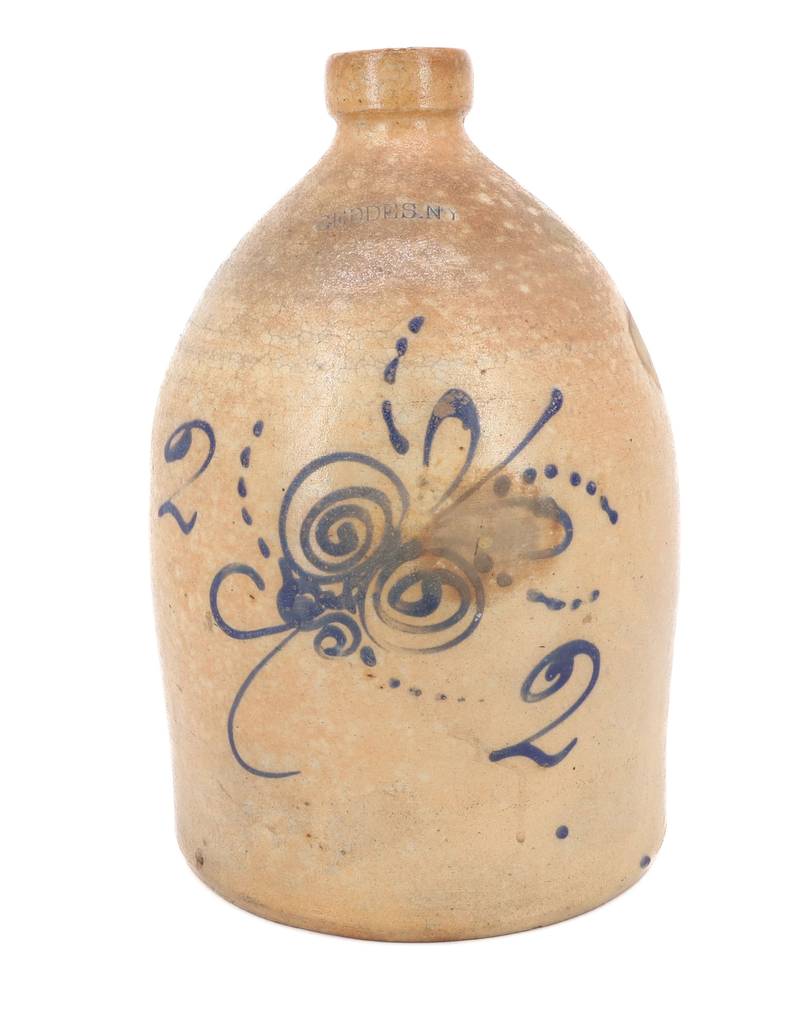 GEDDES, NY BLUE DECORATED JUG: TWO-GALLON STONEWARE JUG WITH BLUE FLORAL DESIGN AND MRKD "2" TWICE. 14 1/4" H. PLEASE READ CAREFULLY - Terms for Purchasing and Shipping of Auction Items. Please read carefully before bidding. Hartze