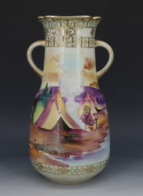 HAND PAINTED VASE WITH NATIVE AMERICAN SCENE, NIPPON