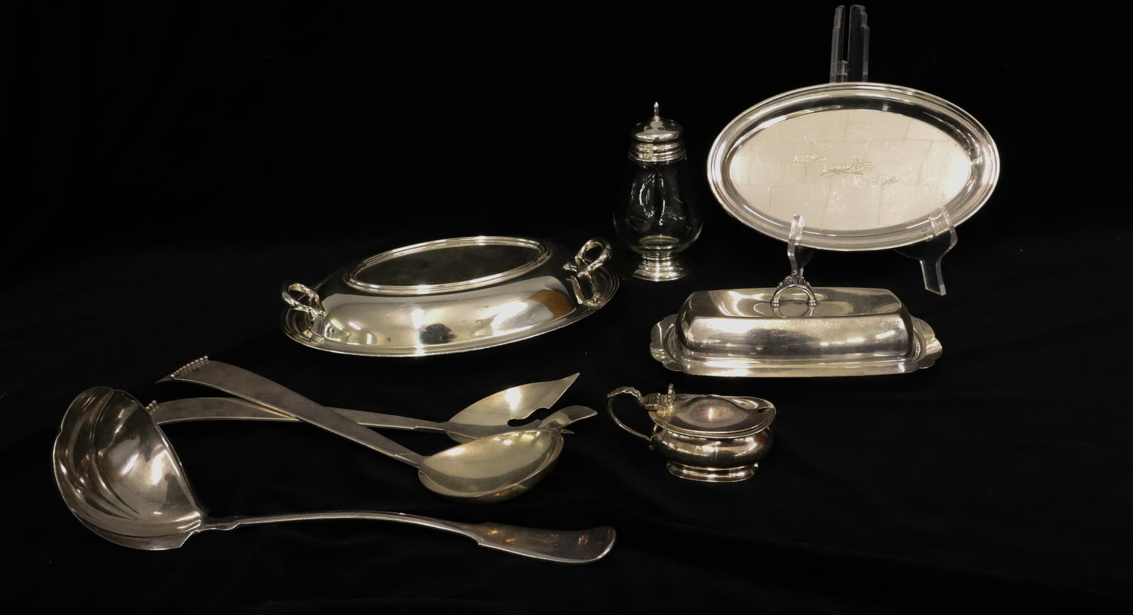 LOT OF VINTAGE SILVERPLATE: INCLUDING: COVERED OVAL DISH 10 1/4" L, BUTTER DISH, BEAD DECORATED SALAD SERVING PIECES 12 1/2" LENGTHS, LADLE, SHAKER AND MORE. PLEASE READ CAREFULLY - Terms for Purchasing and Shipping of Auction I
