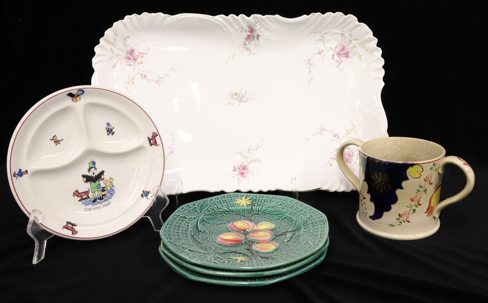 LOT OF PORCELAIN AND MAJOLICA: INCLUDING: ROSENTHAL FLORAL DECORATED PLATTER 19 1/2" L, GAUDY WELSH DECORATED LOVING CUP, "TOMMY TUCKER" CHILD'S DISH AND THREE GERMAN MATCHING MAJOLICA PLATES PLEASE READ CAREFULLY - Terms for Purch