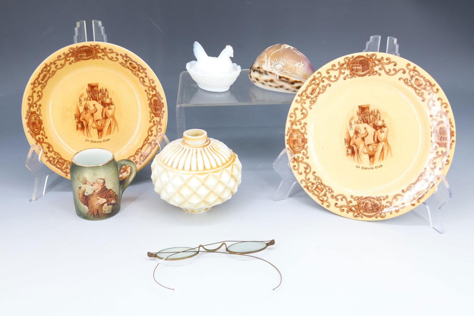 LOT OF MILK GLASS, CARVED SHELL AND MORE: MINIATURE MILK GLASS HEN ON NEST, LIGHTNING ROD BALL 3 1/2" D., "YE TAVERN CLUB" RESTAURANT CHINA AND MORE. PLEASE READ CAREFULLY - Terms for Purchasing and Shipping of Auction Items. Please read care