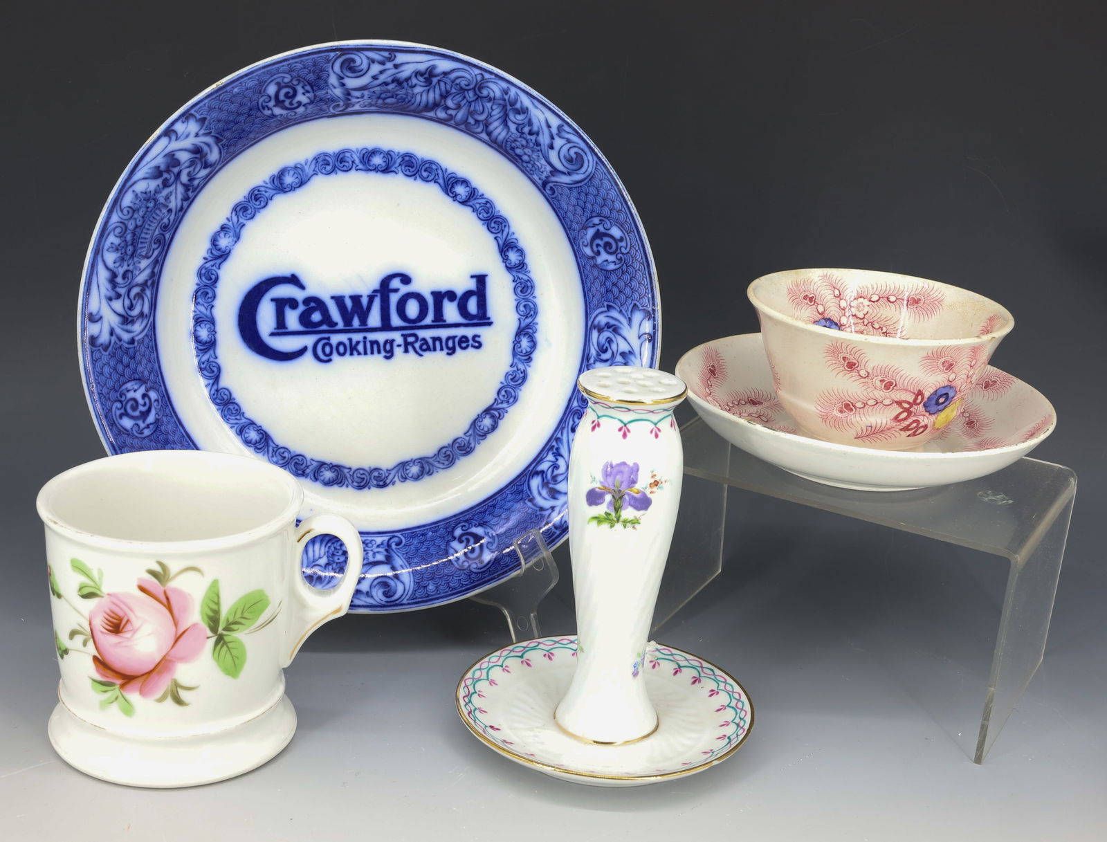 LOT OF PORCELAIN ITEMS: INCLUDING: HAT PIN HOLDER (KPM) 5 1/2" H., "CRAWFORD COOKING RANGES" FLOW BLUE BOWL 9" D., SHAVING MUG AND HANDLESS CUP / SAUCER. PLEASE READ CAREFULLY - Terms for Purchasing and Shipping of Auction I