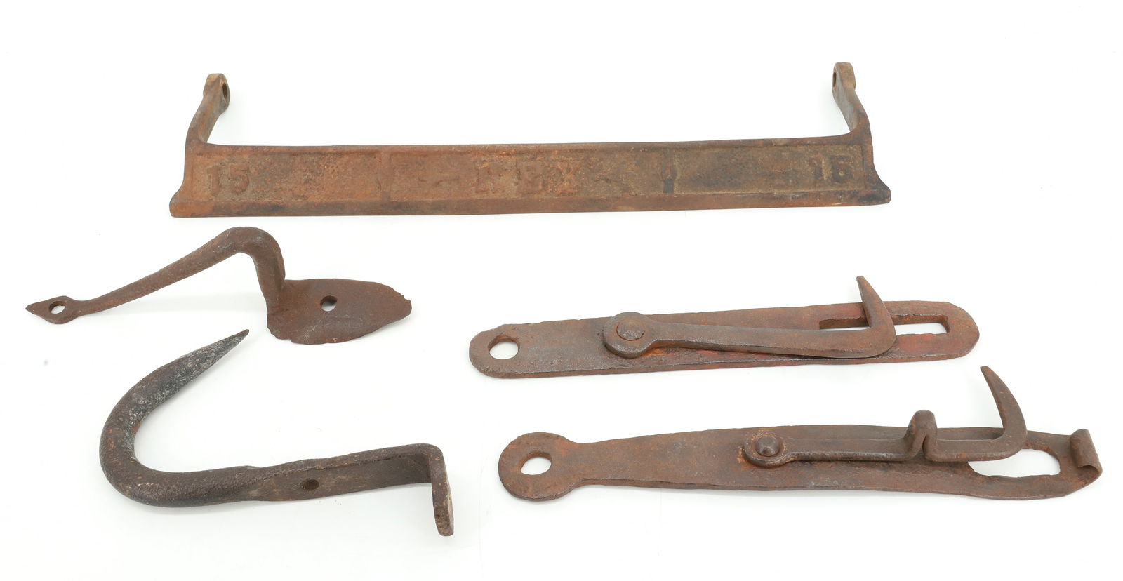 LOT OF IRON LATCHES AND MORE: TWO WROUGHT IRON LATCHES 10 3/4" AND 11 1/4" LENGTHS. "REX" IRON BAR FROM PAPER ROLL. MORE. PLEASE READ CAREFULLY - Terms for Purchasing and Shipping of Auction Items. Please read carefully before bid