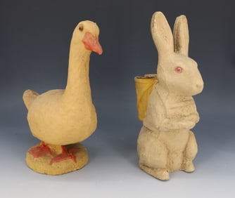 VINTAGE PULP EASTER RABBIT AND GOOSE, PAPIER MACHE