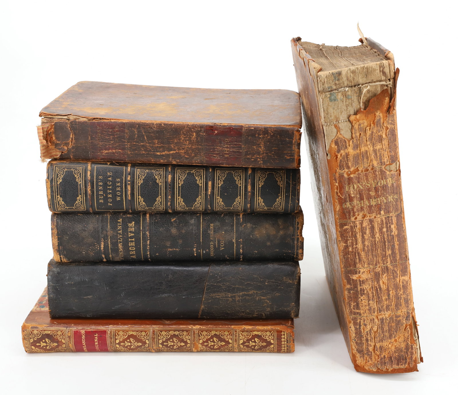 (6) ANTIQUE BOOKS: INCLUDING: "JOURNAL OF SENTIMENTAL TRAVELS IN THE SOUTHERN PROVINCES OF FRANCE, 1821". THE SYSTEM OF DOCTRINES CONTAINED IN DIVINE REVELATION PART II (18TH C). "PENNSYLVANIA ARCHIVES, VOL. I, 1874". P